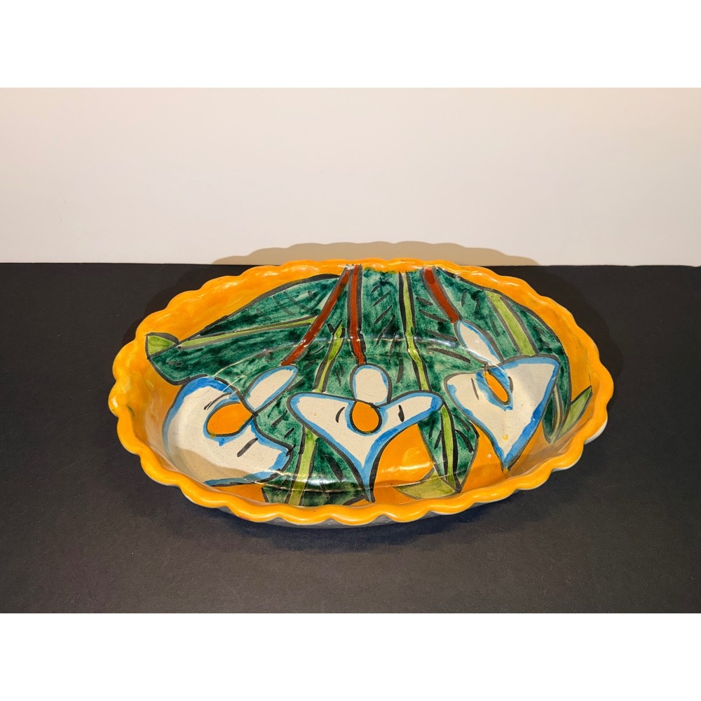 Hand Painted Ceramic Oval Scalloped Floral Serving Bowl Calla Lily Multicolor